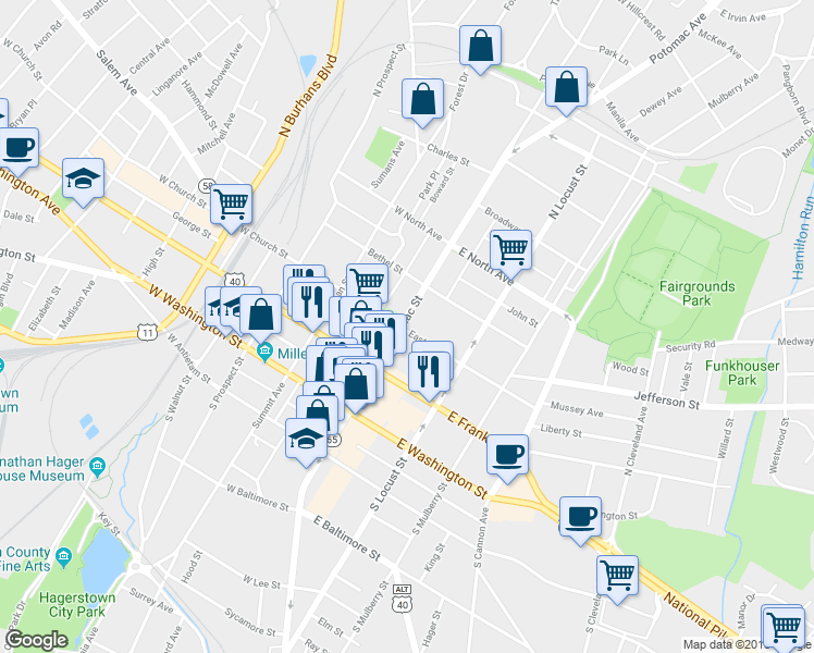 map of restaurants, bars, coffee shops, grocery stores, and more near 202 North Potomac Street in Hagerstown