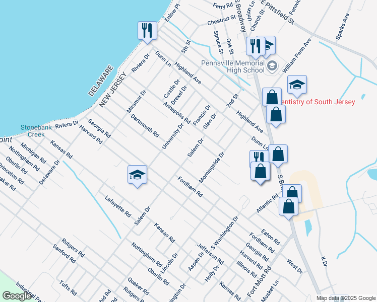 map of restaurants, bars, coffee shops, grocery stores, and more near 51 Salem Drive in Pennsville Township