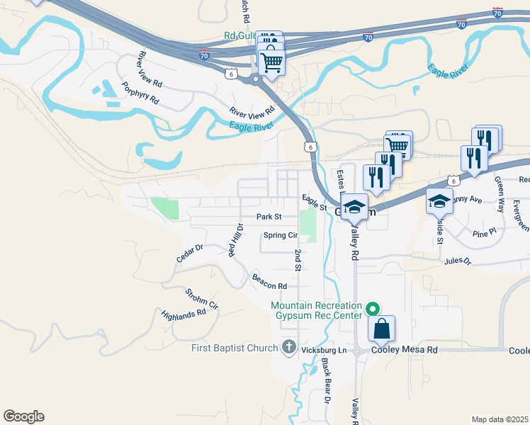 map of restaurants, bars, coffee shops, grocery stores, and more near 137 Eagle Street in Gypsum