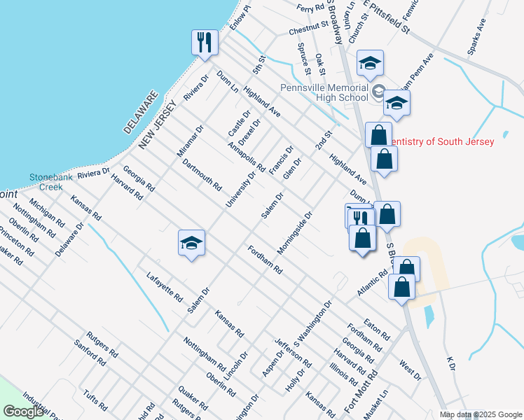 map of restaurants, bars, coffee shops, grocery stores, and more near 51 Salem Drive in Pennsville Township