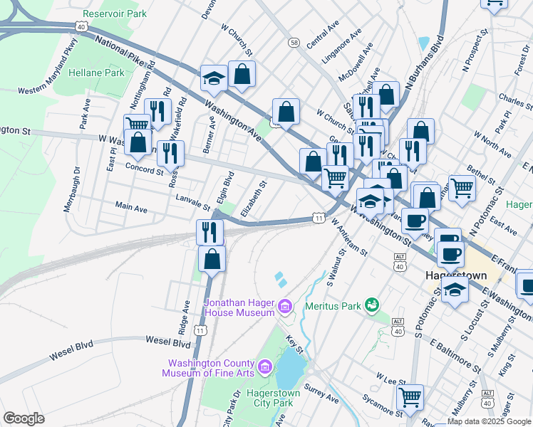 map of restaurants, bars, coffee shops, grocery stores, and more near 64 Madison Avenue in Hagerstown
