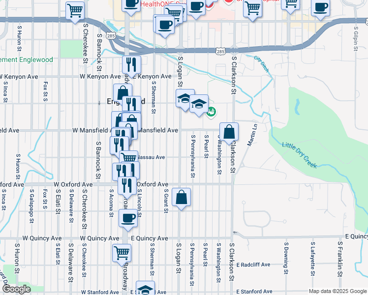 map of restaurants, bars, coffee shops, grocery stores, and more near 3935 South Pennsylvania Street in Englewood