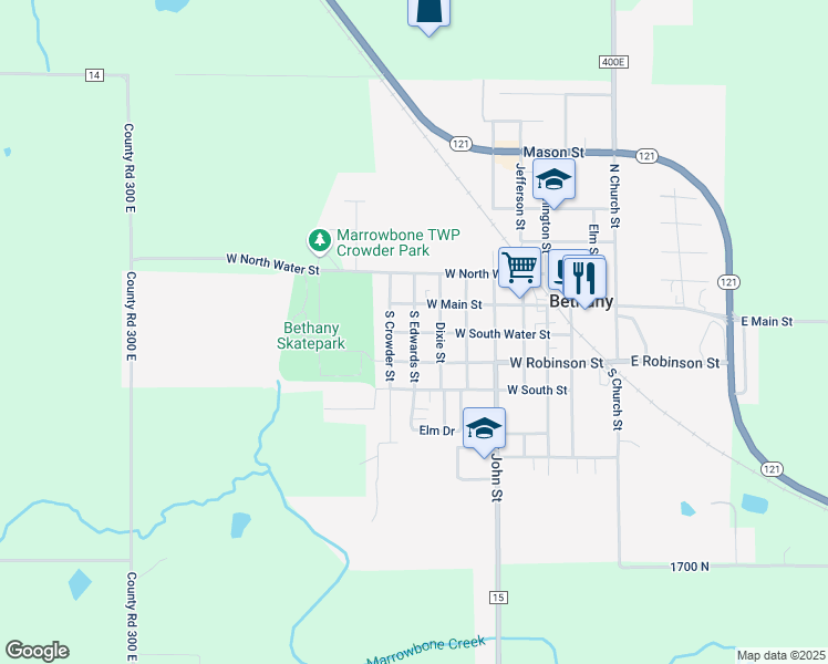 map of restaurants, bars, coffee shops, grocery stores, and more near Edwards St in Bethany