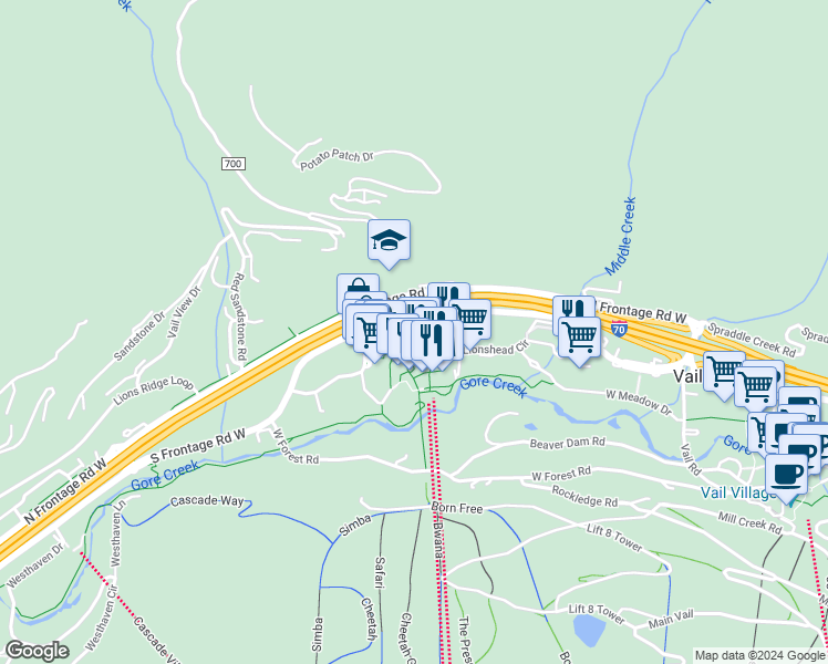 map of restaurants, bars, coffee shops, grocery stores, and more near 548 South Frontage Road West in Vail