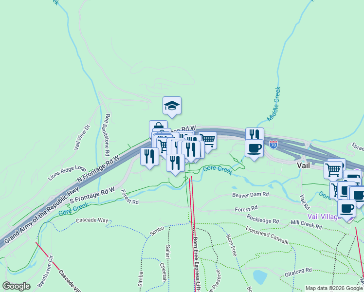 map of restaurants, bars, coffee shops, grocery stores, and more near 548 South Frontage Road West in Vail
