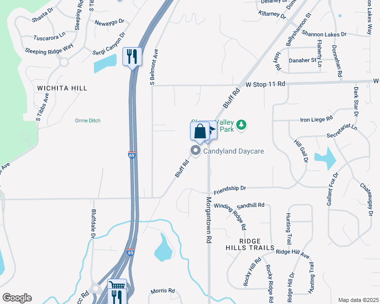 map of restaurants, bars, coffee shops, grocery stores, and more near 8306 Bluff Rd in Indianapolis