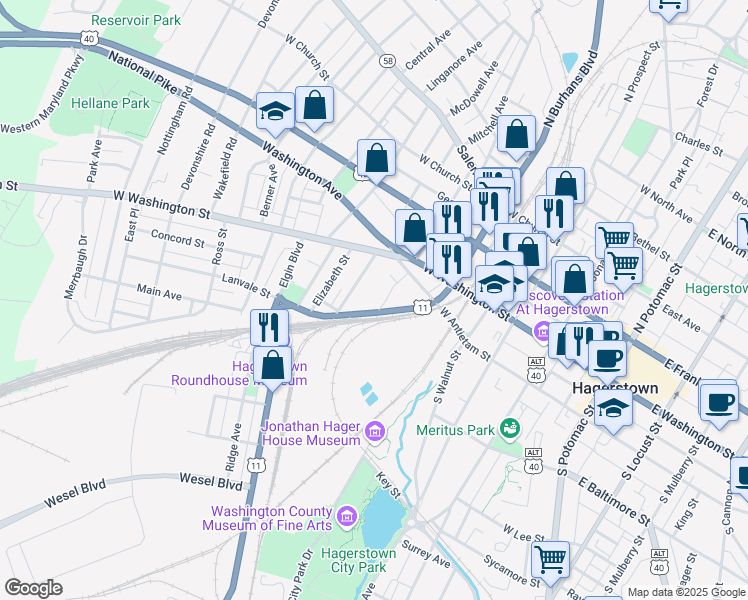 map of restaurants, bars, coffee shops, grocery stores, and more near 177 South Burhans Boulevard in Hagerstown