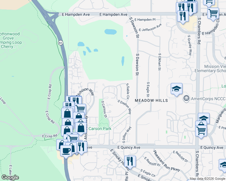 map of restaurants, bars, coffee shops, grocery stores, and more near 3993 South Dillon Way in Aurora