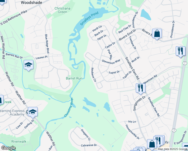 map of restaurants, bars, coffee shops, grocery stores, and more near 31 Reubens Circle in Newark