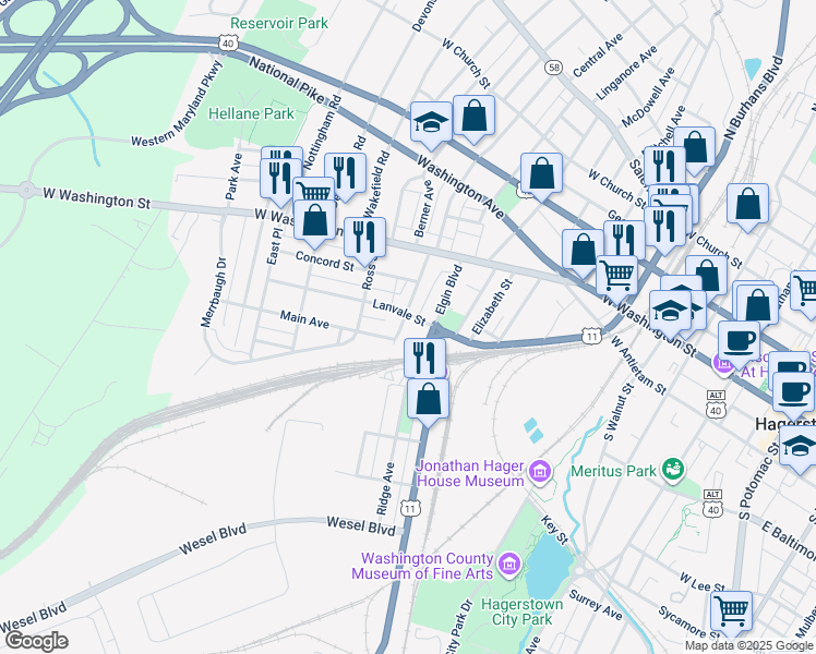 map of restaurants, bars, coffee shops, grocery stores, and more near 212 Summer Street in Hagerstown