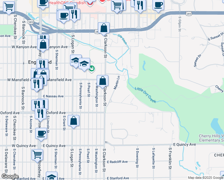 map of restaurants, bars, coffee shops, grocery stores, and more near 22 Martin Lane in Englewood