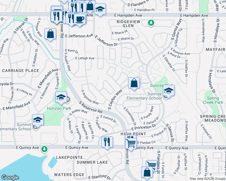 map of restaurants, bars, coffee shops, grocery stores, and more near 19142 East Mansfield Drive in Aurora