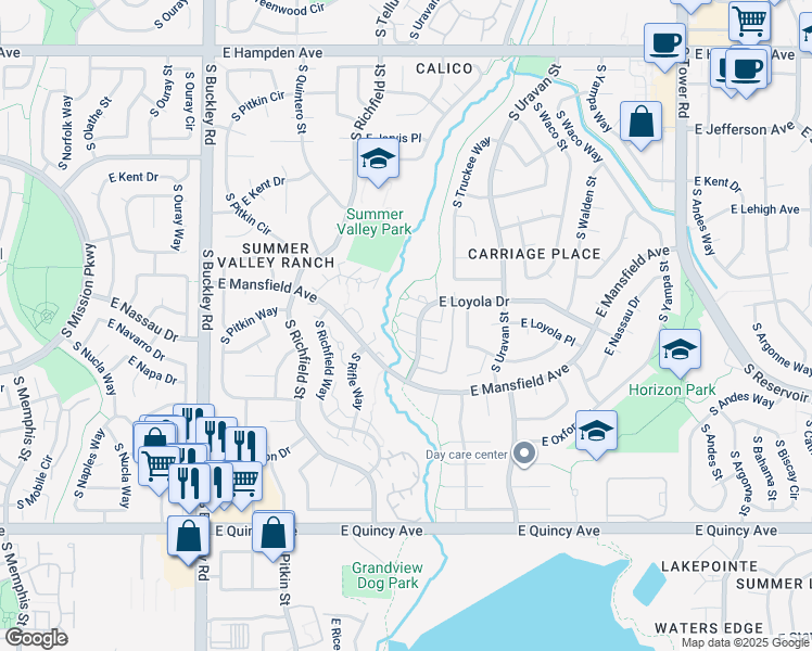 map of restaurants, bars, coffee shops, grocery stores, and more near 17673 East Loyola Drive in Aurora