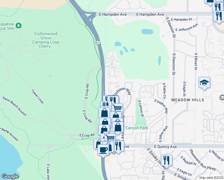 map of restaurants, bars, coffee shops, grocery stores, and more near 3850a South Atchison Way in Aurora