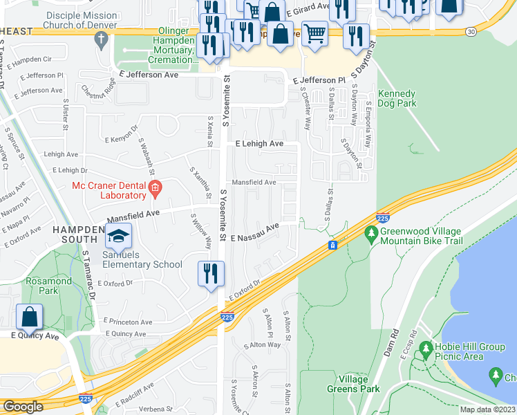 map of restaurants, bars, coffee shops, grocery stores, and more near 9128 Mansfield Avenue in Denver