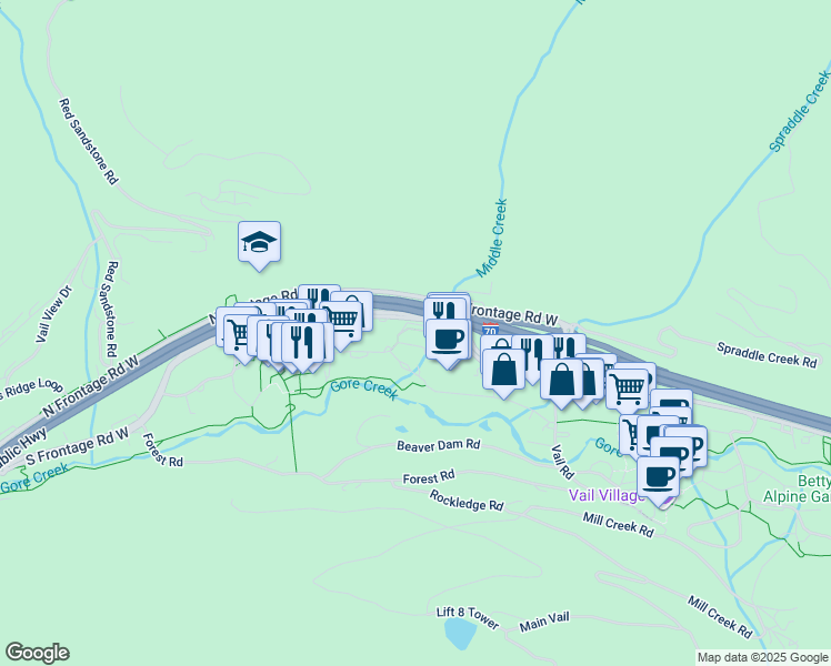 map of restaurants, bars, coffee shops, grocery stores, and more near 300 East Lionshead Circle in Vail
