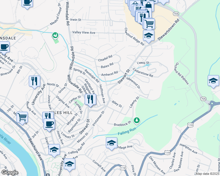 map of restaurants, bars, coffee shops, grocery stores, and more near 766 Meadowbrook Road in Morgantown