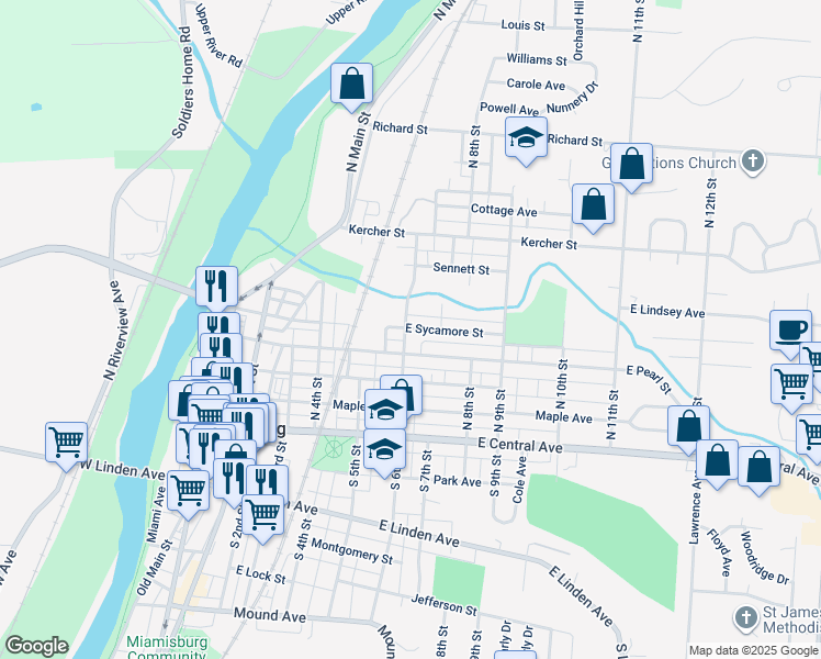 map of restaurants, bars, coffee shops, grocery stores, and more near 705 East Sycamore Street in Miamisburg