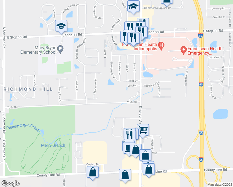 map of restaurants, bars, coffee shops, grocery stores, and more near 4701 Todd Road in Indianapolis