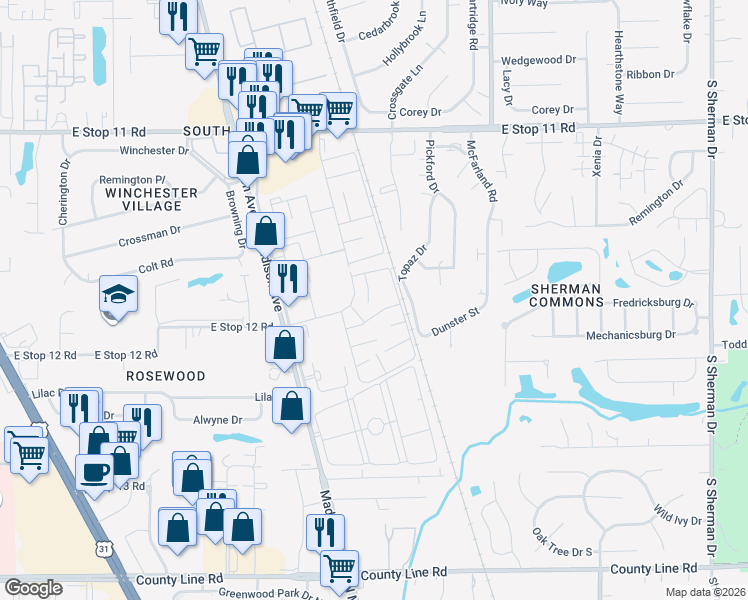 map of restaurants, bars, coffee shops, grocery stores, and more near 8352 Paso Del Norte Court in Indianapolis