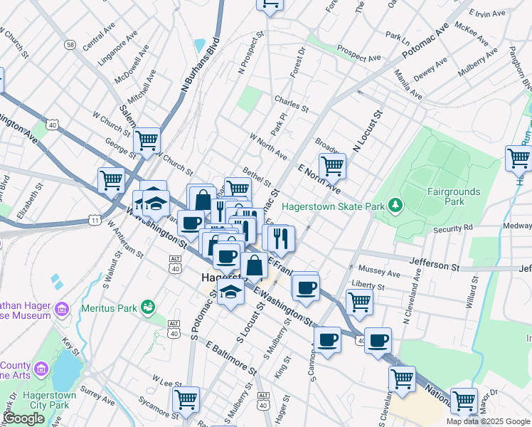 map of restaurants, bars, coffee shops, grocery stores, and more near 206 North Potomac Street in Hagerstown