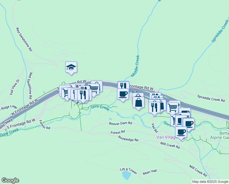 map of restaurants, bars, coffee shops, grocery stores, and more near 300 East Lionshead Circle in Vail