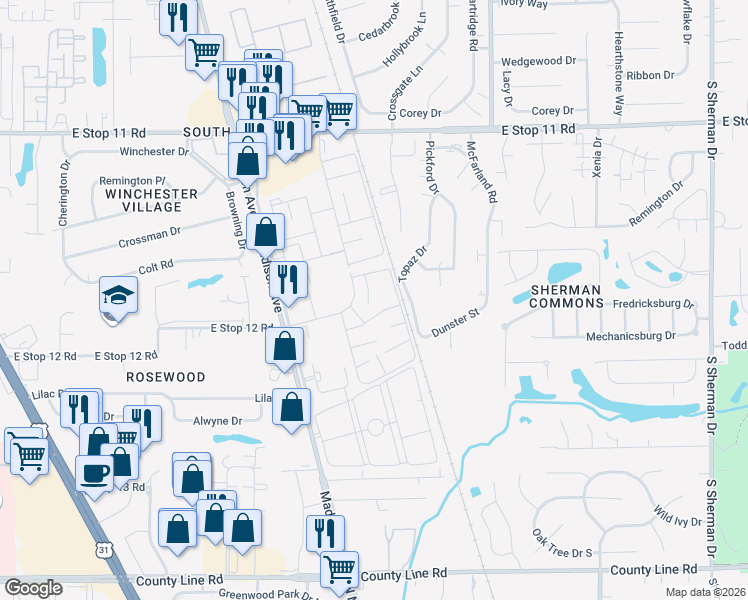map of restaurants, bars, coffee shops, grocery stores, and more near 8352 Paso Del Norte Court in Indianapolis