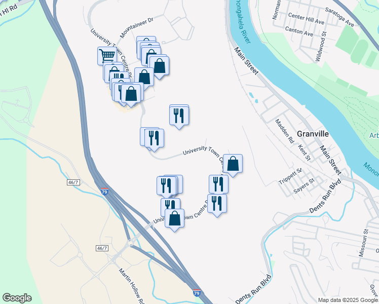 map of restaurants, bars, coffee shops, grocery stores, and more near University Town Centre Drive in Granville