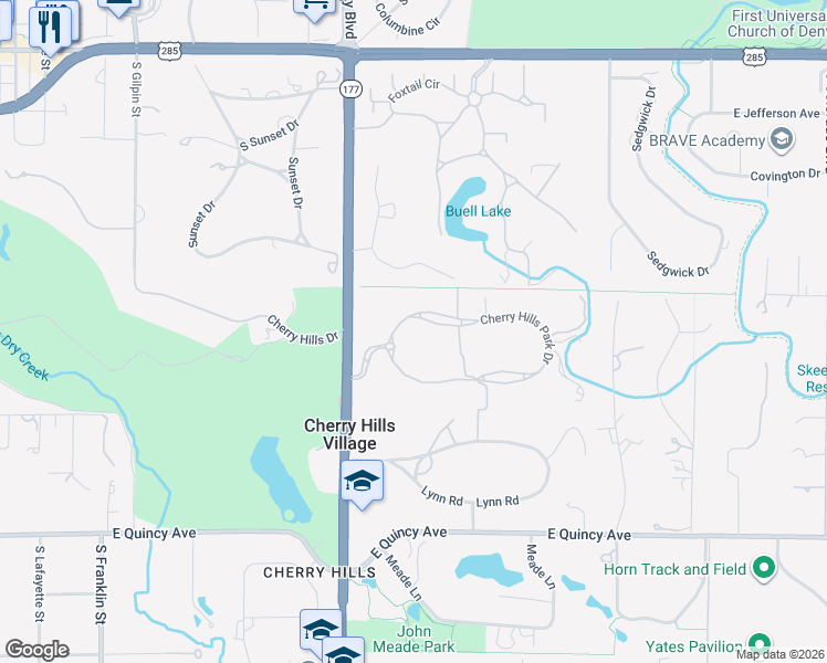 map of restaurants, bars, coffee shops, grocery stores, and more near 18 Cherry Hills Park Drive in Englewood
