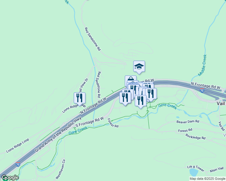 map of restaurants, bars, coffee shops, grocery stores, and more near 715 South Frontage Rd W in Vail