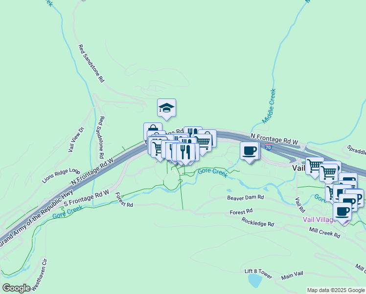 map of restaurants, bars, coffee shops, grocery stores, and more near 508 East Lionshead Circle in Vail