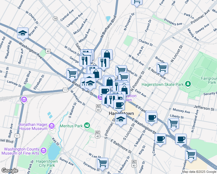 map of restaurants, bars, coffee shops, grocery stores, and more near 110 West Franklin Street in Hagerstown