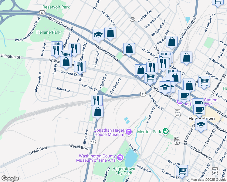 map of restaurants, bars, coffee shops, grocery stores, and more near 64 Elizabeth Street in Hagerstown