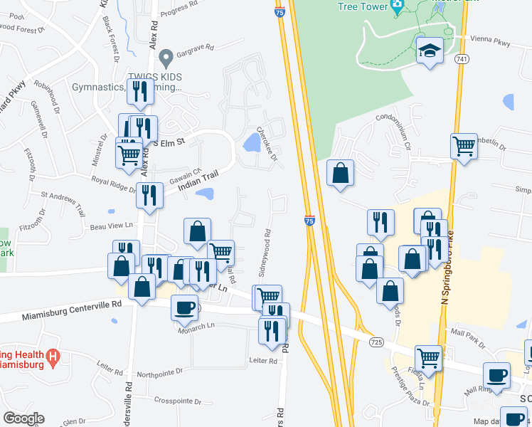 map of restaurants, bars, coffee shops, grocery stores, and more near 2050 Sidneywood Rd in West Carrollton