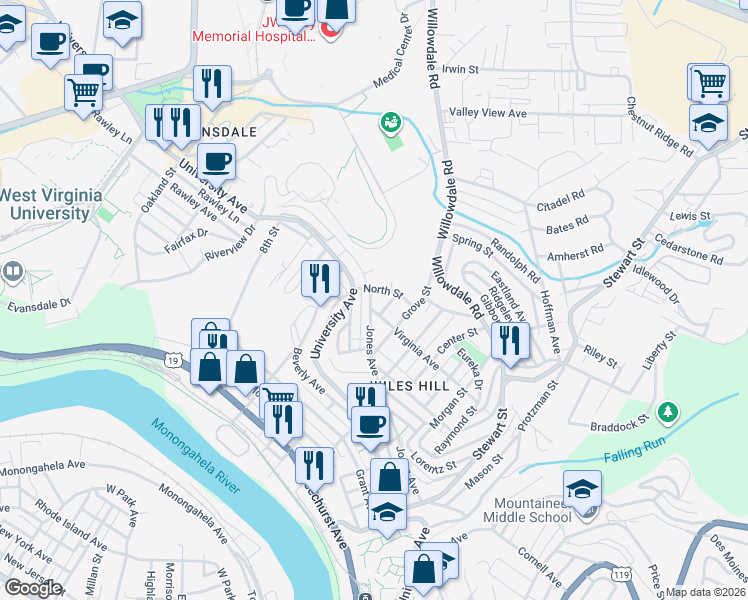 map of restaurants, bars, coffee shops, grocery stores, and more near 679 Jones Avenue in Morgantown