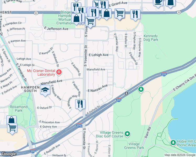 map of restaurants, bars, coffee shops, grocery stores, and more near 9128 Mansfield Avenue in Denver