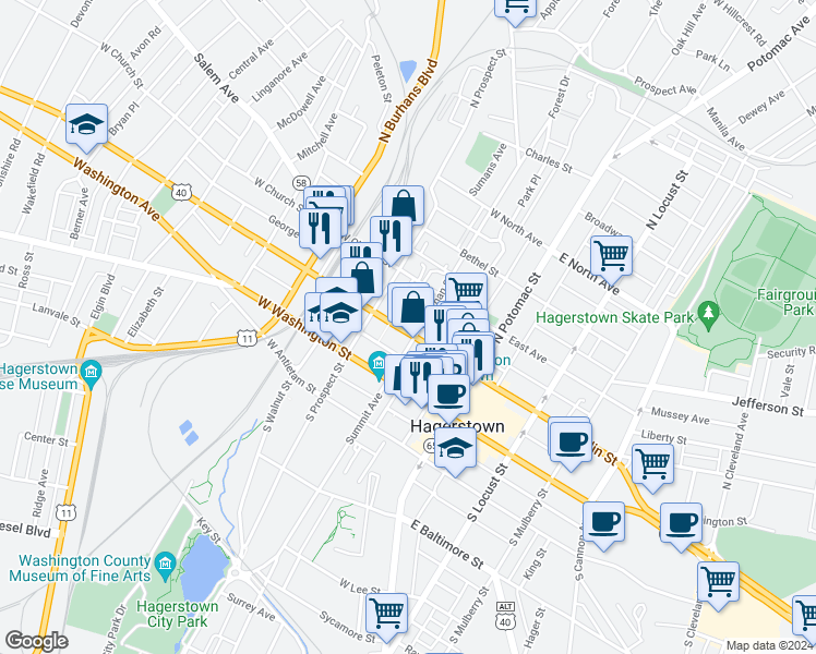 map of restaurants, bars, coffee shops, grocery stores, and more near 112 West Franklin Street in Hagerstown