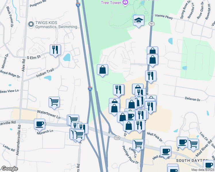 map of restaurants, bars, coffee shops, grocery stores, and more near 3785 Summit Glen Drive in Dayton
