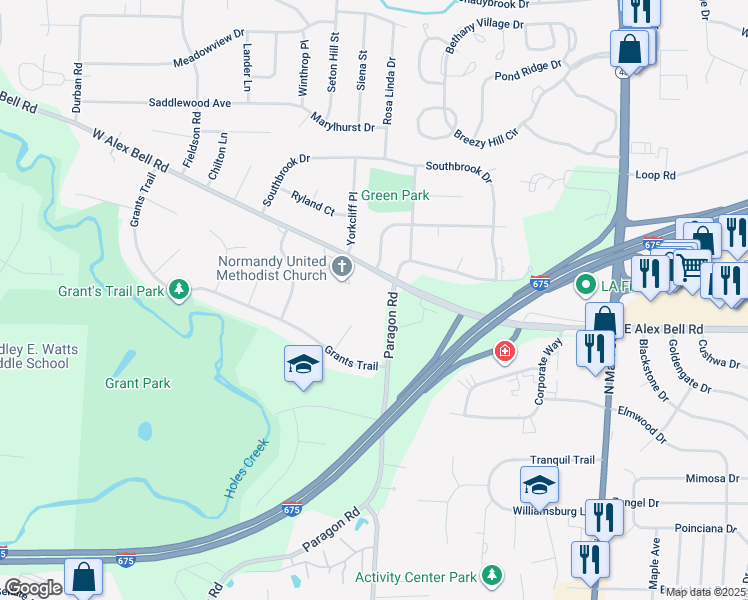 map of restaurants, bars, coffee shops, grocery stores, and more near 6915 Paragon Road in Dayton