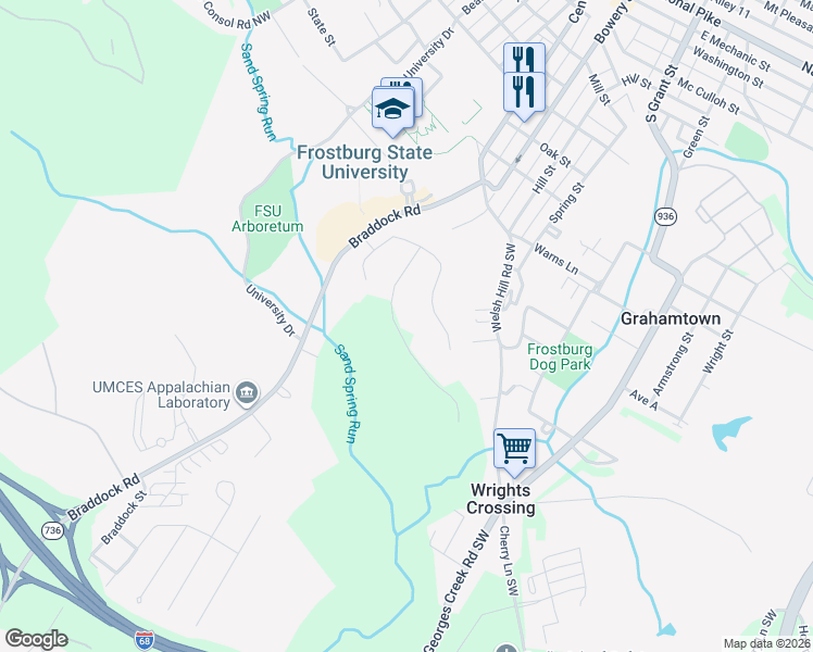 map of restaurants, bars, coffee shops, grocery stores, and more near 112 Braddock Heights in Frostburg