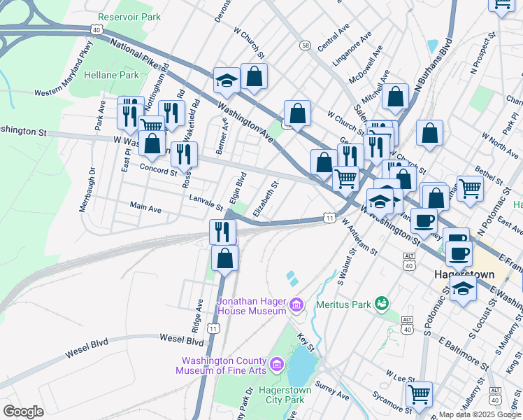 map of restaurants, bars, coffee shops, grocery stores, and more near 62 Elizabeth Street in Hagerstown