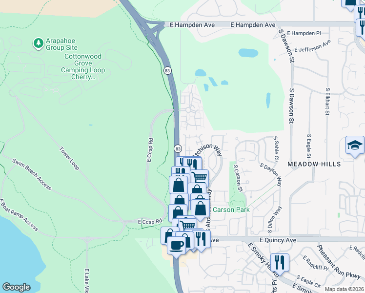 map of restaurants, bars, coffee shops, grocery stores, and more near 3860 South Atchison Way in Aurora
