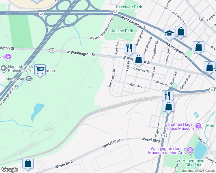 map of restaurants, bars, coffee shops, grocery stores, and more near 329 Merrbaugh Drive in Hagerstown