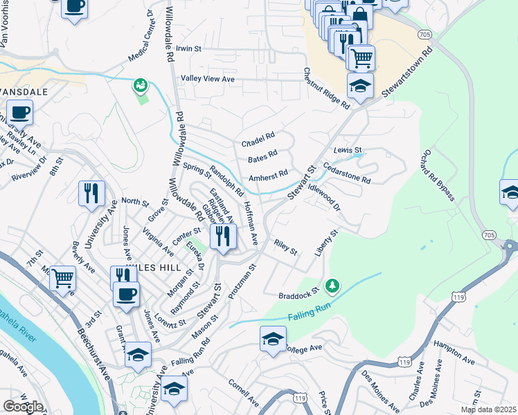 map of restaurants, bars, coffee shops, grocery stores, and more near 766 Meadowbrook Road in Morgantown