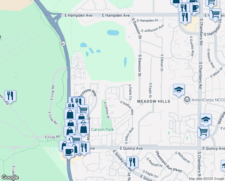 map of restaurants, bars, coffee shops, grocery stores, and more near 3952 South Carson Street in Aurora