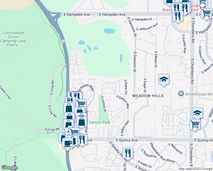 map of restaurants, bars, coffee shops, grocery stores, and more near 3952 South Carson Street in Aurora