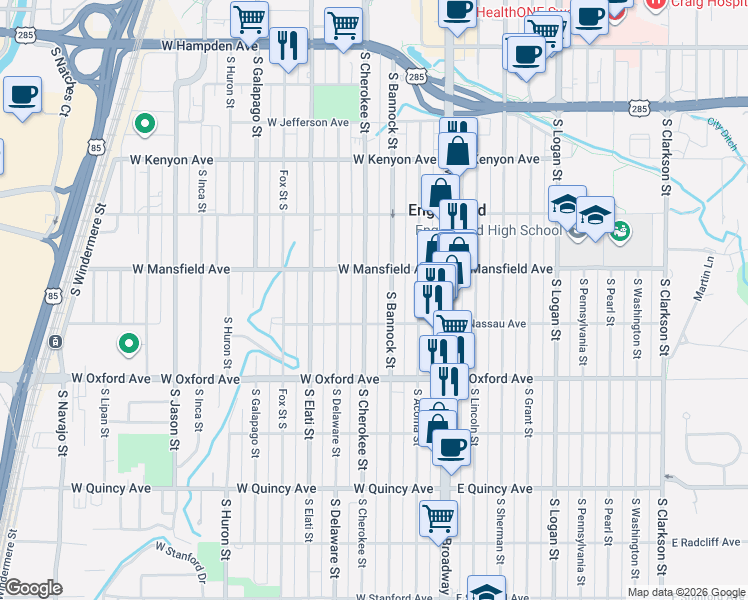 map of restaurants, bars, coffee shops, grocery stores, and more near 3946 South Cherokee Street in Englewood