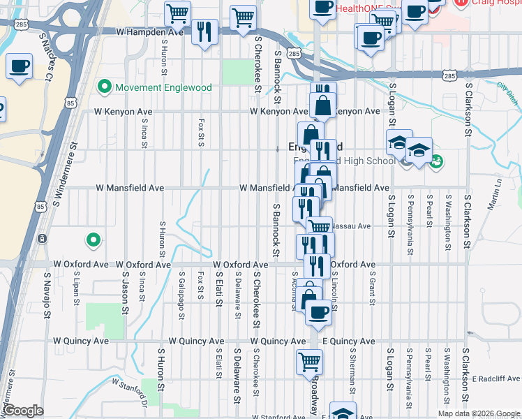 map of restaurants, bars, coffee shops, grocery stores, and more near 3946 South Cherokee Street in Englewood