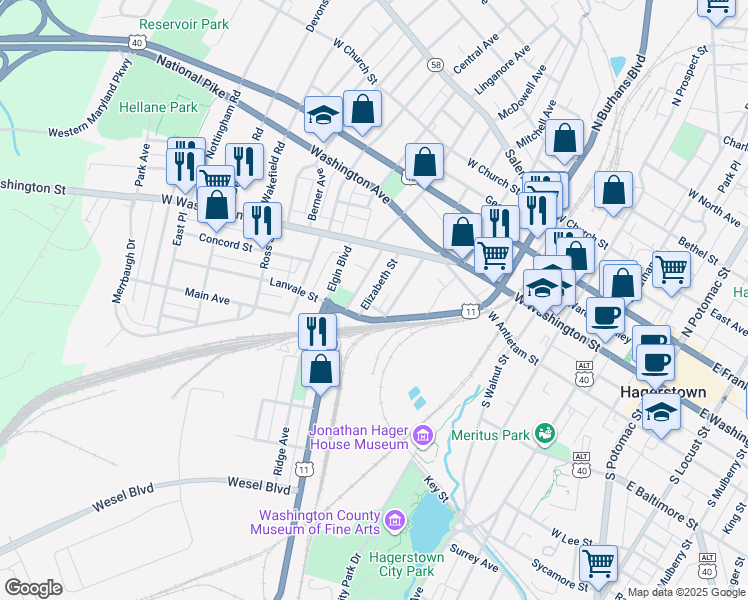 map of restaurants, bars, coffee shops, grocery stores, and more near 62 Elizabeth Street in Hagerstown