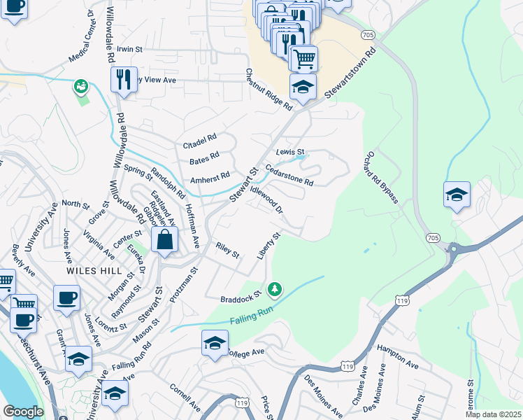 map of restaurants, bars, coffee shops, grocery stores, and more near 810 Idlewood St in Morgantown